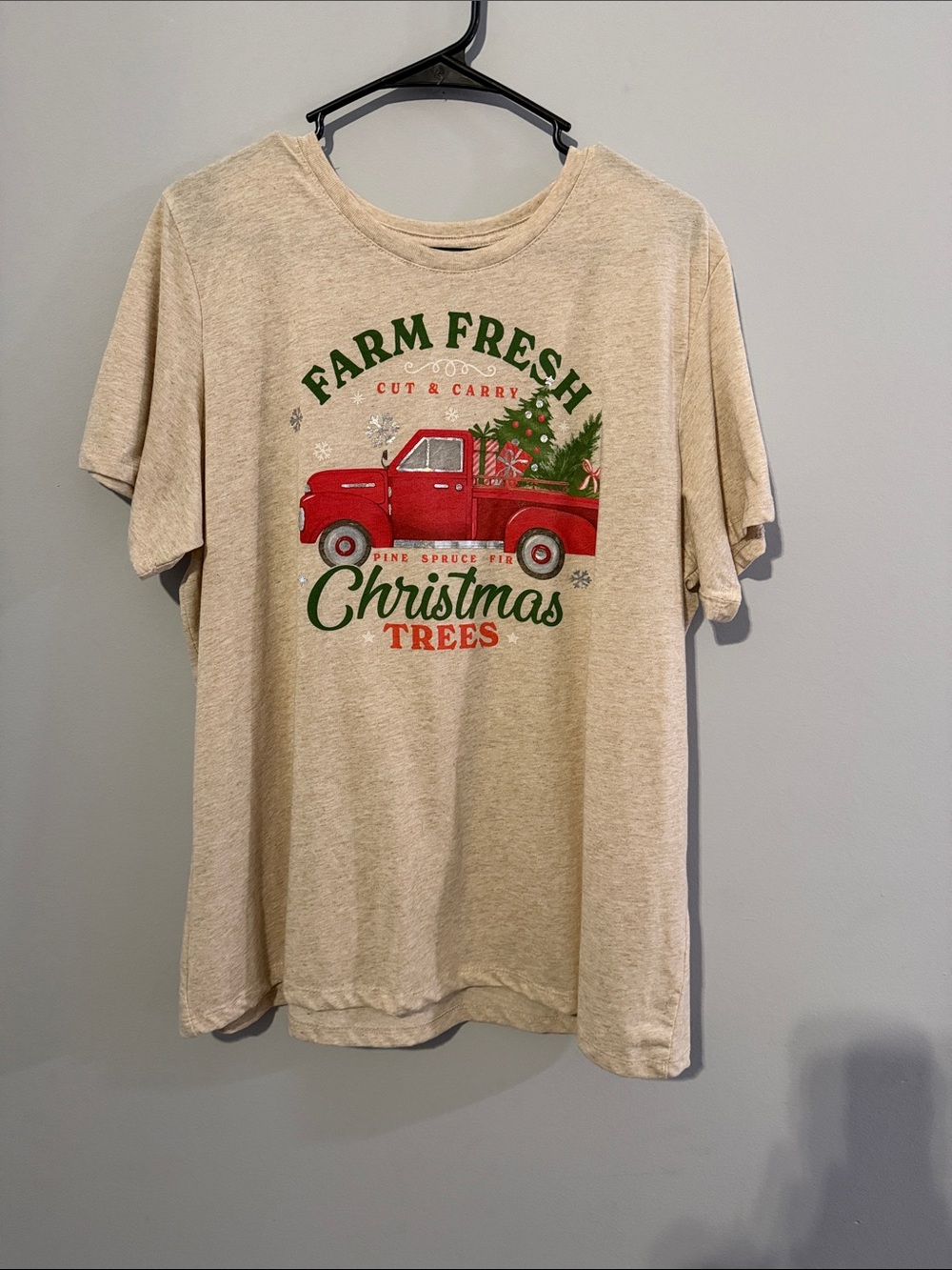 Holiday Time Beige Tee with Red Truck & Green Tree Graphic